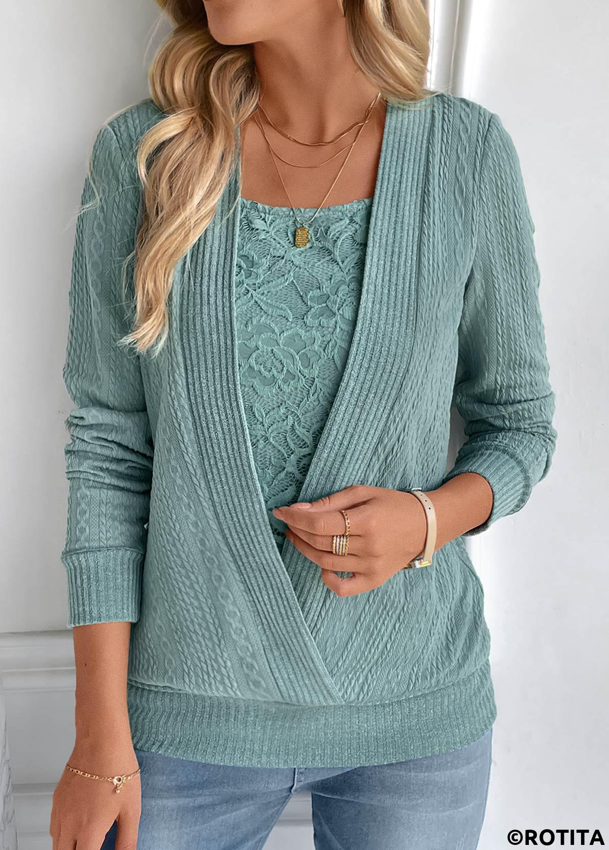 Turquoise tops,Plain Color tops,ROTITA Fake 2in1 Square Neck Long Sleeve Turquoise Sweatshirt