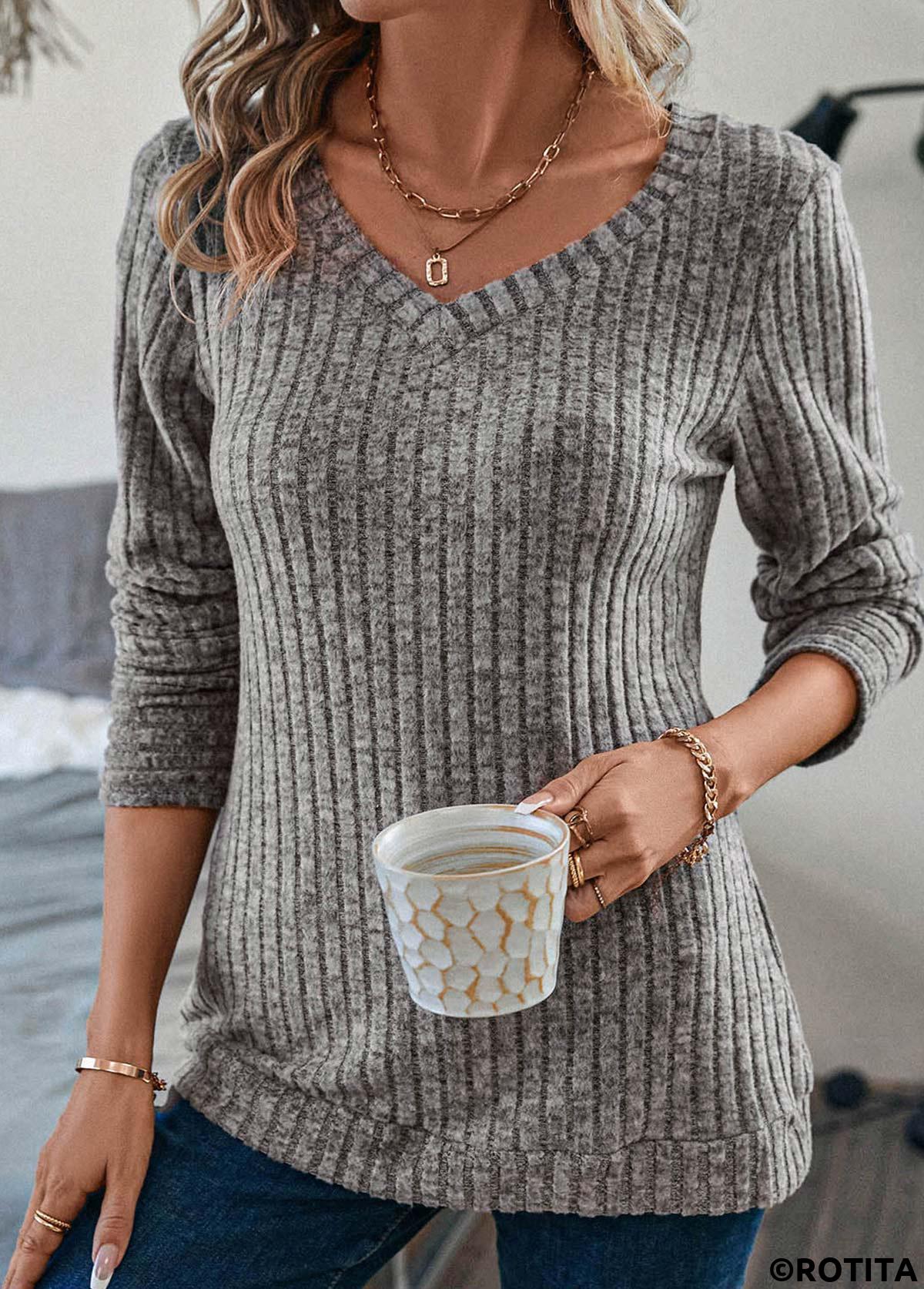 Grey tops,Plain Color tops,Grey V Neck Long Sleeve T Shirt