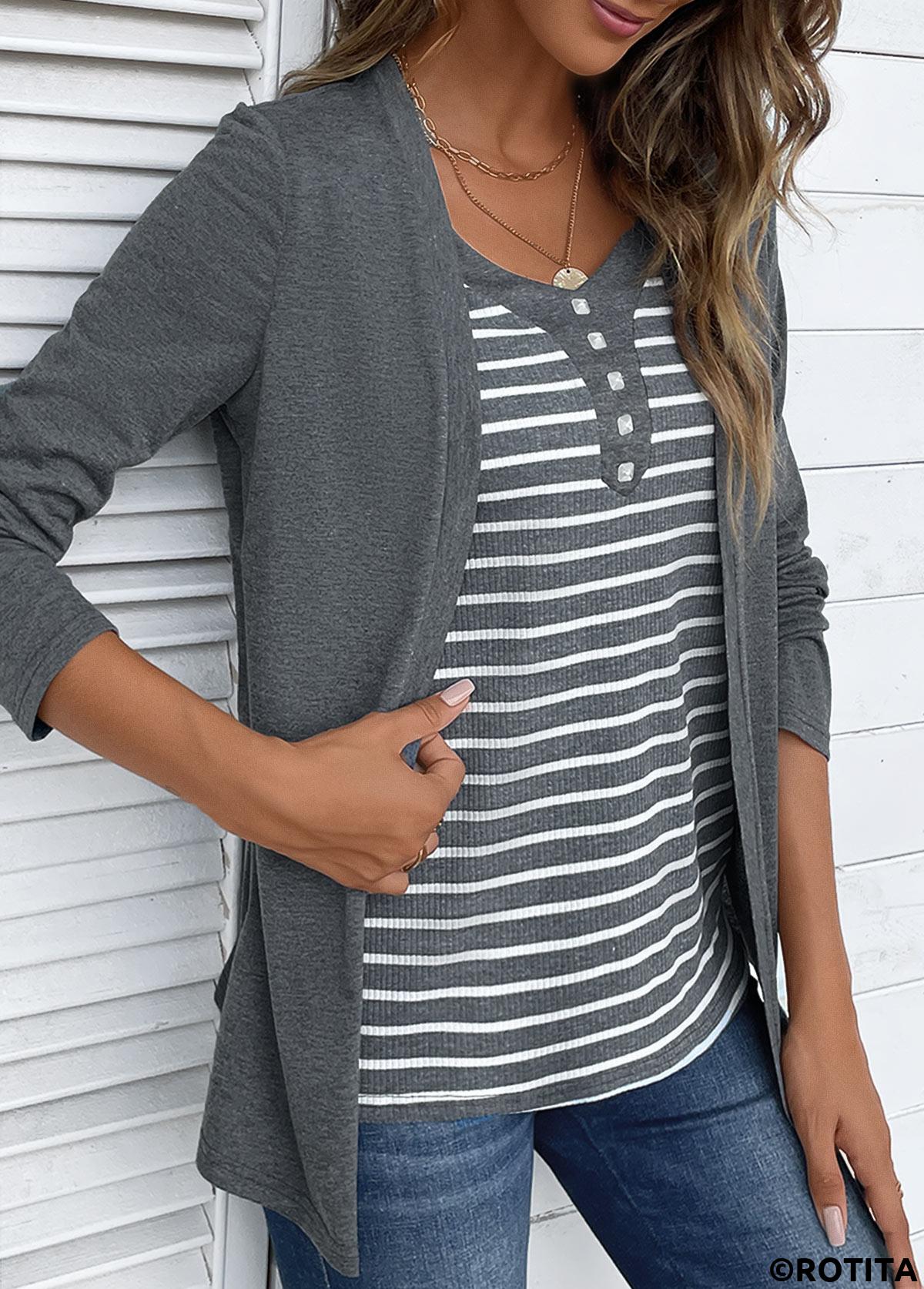 Dark Grey Marl tops,Striped tops,Geometric tops,ROTITA Striped Dark Grey Marl Fake Two Piece Twinset
