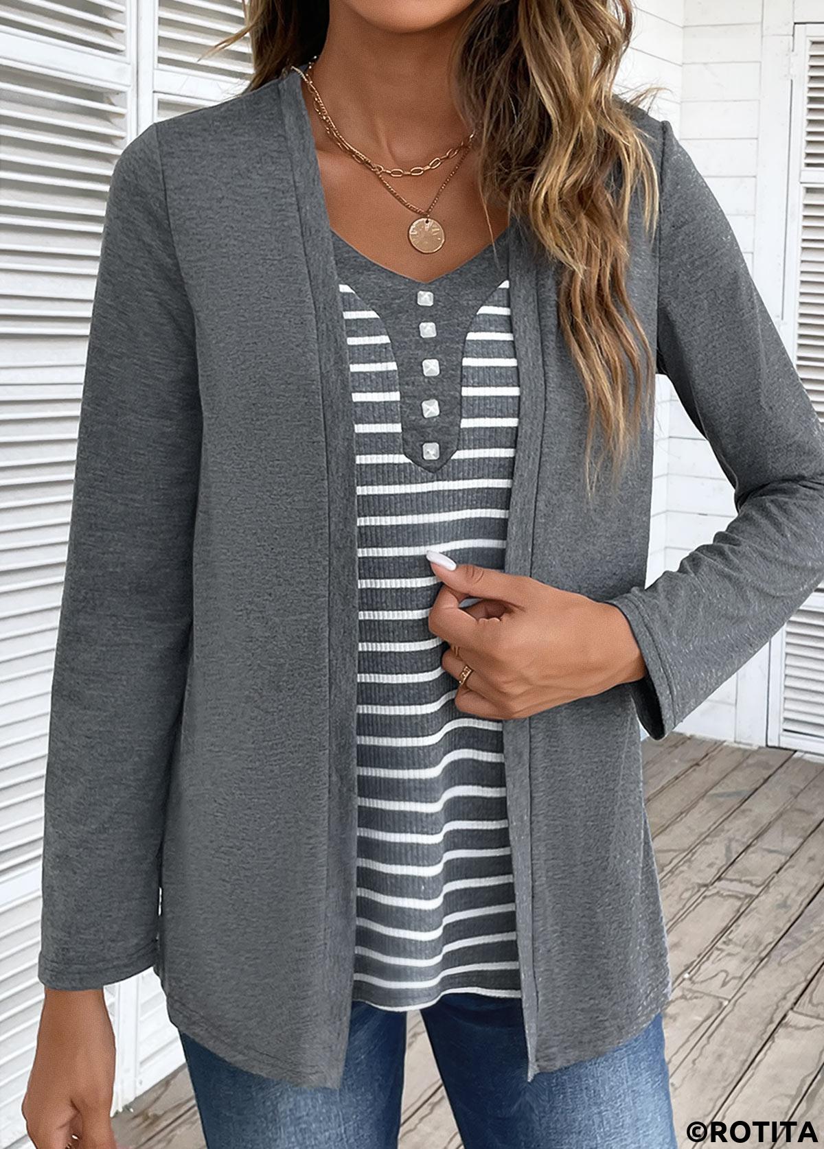 Dark Grey Marl tops,Striped tops,Geometric tops,ROTITA Striped Dark Grey Marl Fake Two Piece Twinset