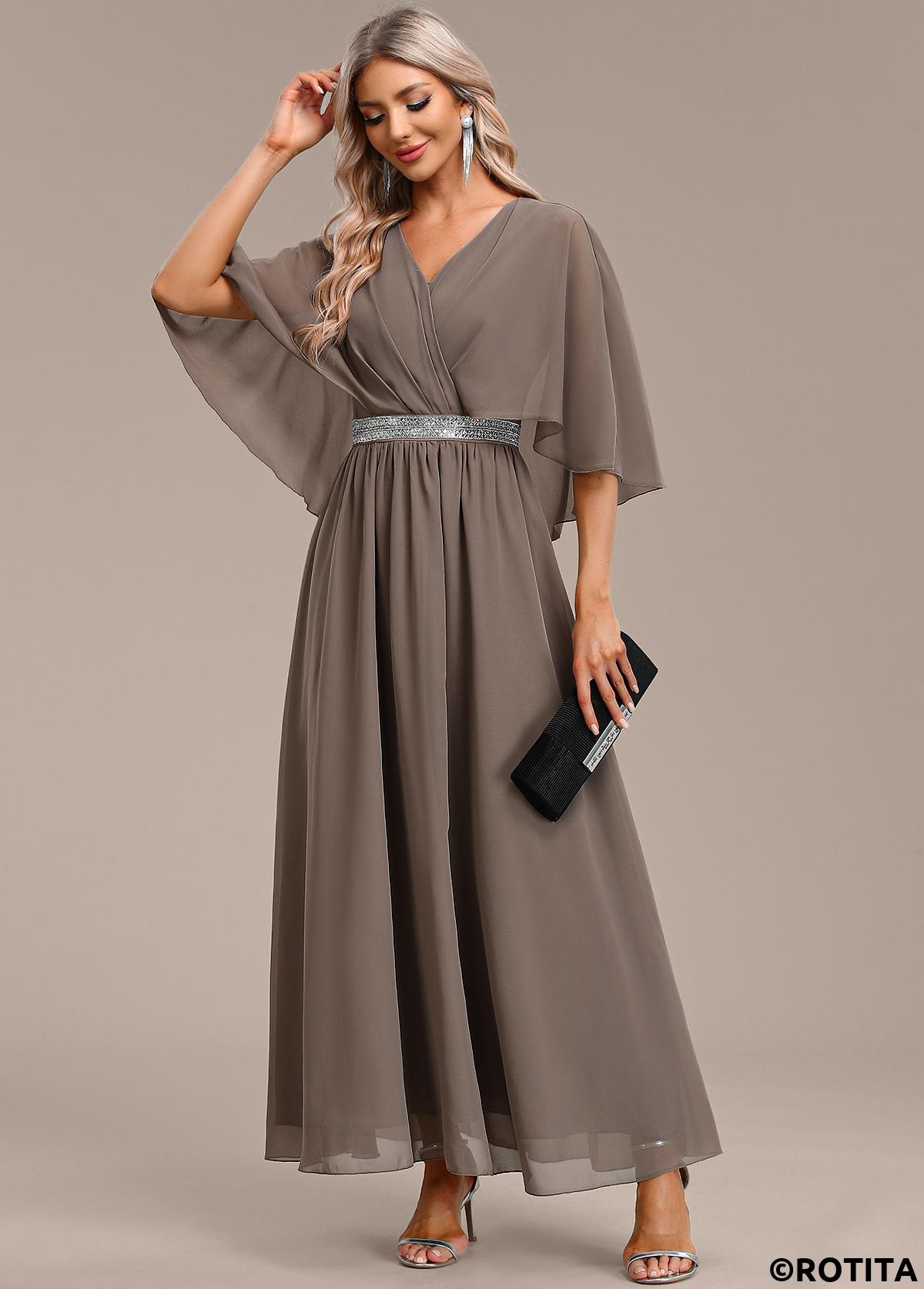 Gray Brown dresses,Plain Color dresses,Party dresses,Elegant dresses,ROTITA Surplice Gray Brown Maxi V Neck Half Sleeve Dress
