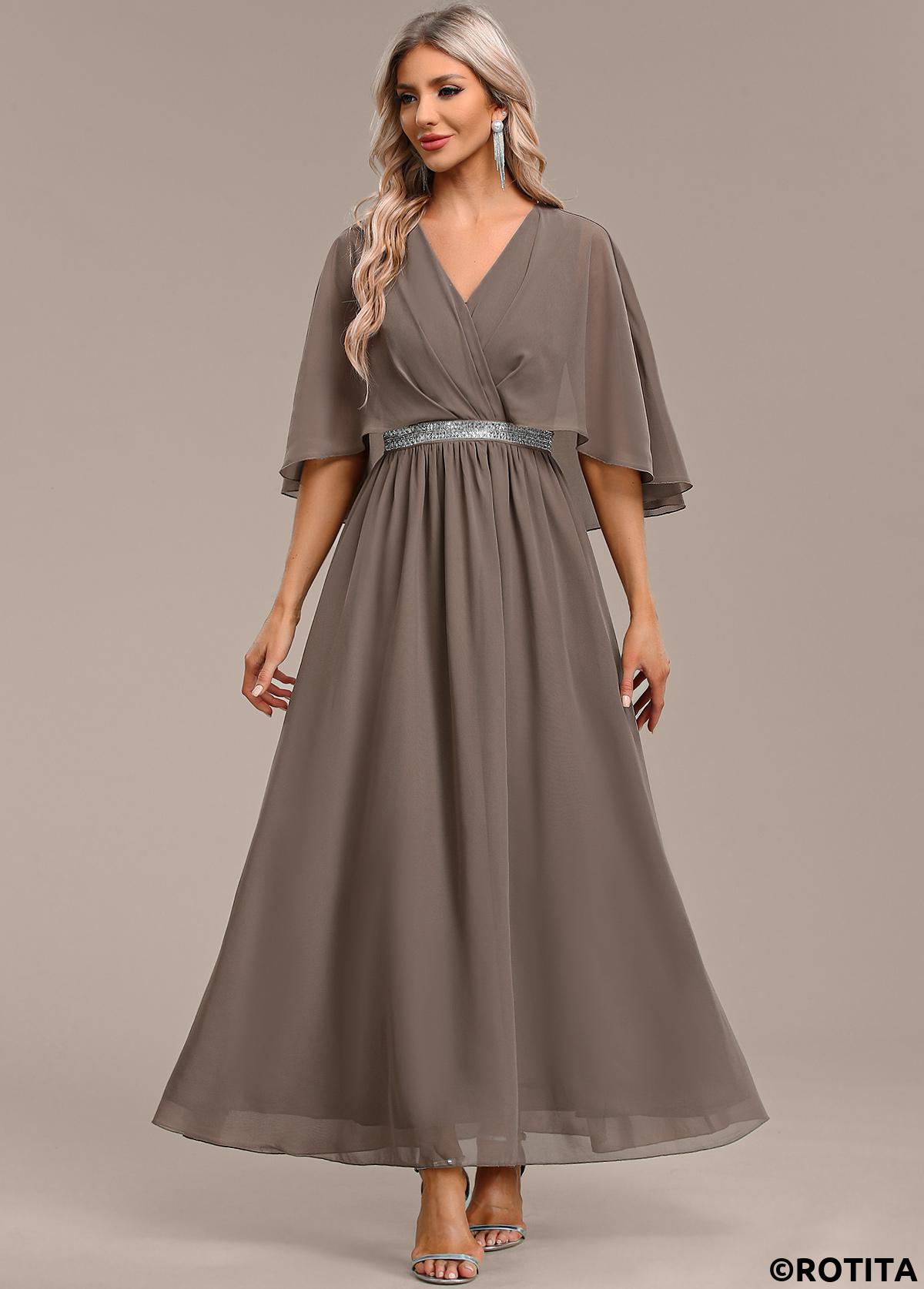 Gray Brown dresses,Plain Color dresses,Party dresses,Elegant dresses,ROTITA Surplice Gray Brown Maxi V Neck Half Sleeve Dress