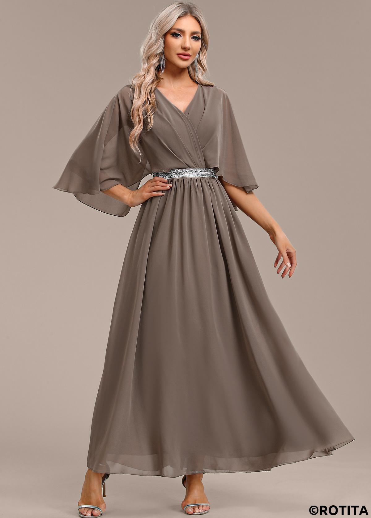 Gray Brown dresses,Plain Color dresses,Party dresses,Elegant dresses,ROTITA Surplice Gray Brown Maxi V Neck Half Sleeve Dress