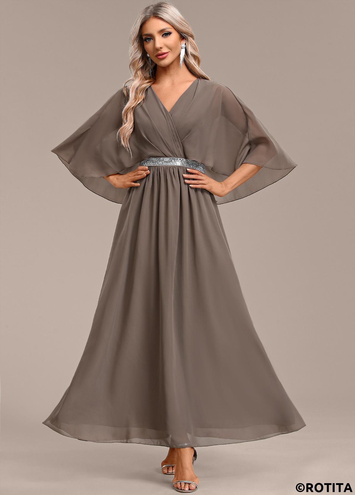 Gray Brown dresses,Plain Color dresses,Party dresses,Elegant dresses,ROTITA Surplice Gray Brown Maxi V Neck Half Sleeve Dress