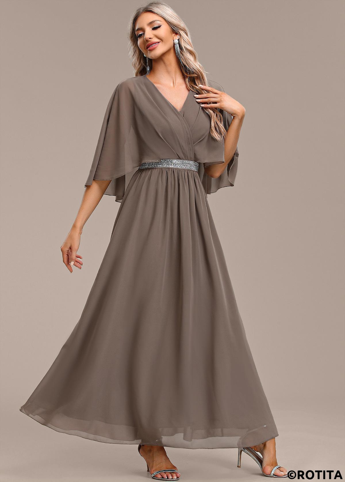 Gray Brown dresses,Plain Color dresses,Party dresses,Elegant dresses,ROTITA Surplice Gray Brown Maxi V Neck Half Sleeve Dress