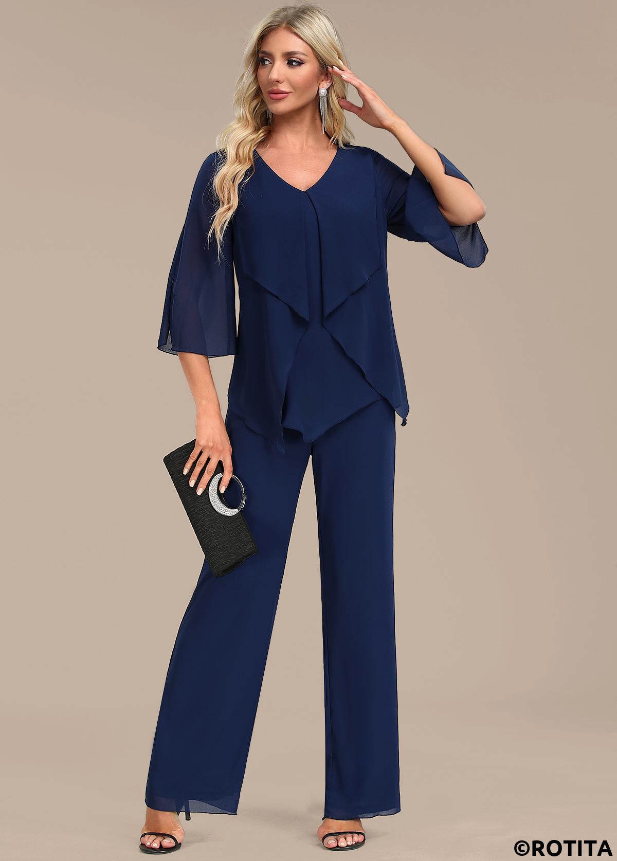 Navy jumpsuits&rompers,Plain Color jumpsuits&rompers,ROTITA Zipper Navy Long V Neck Jumpsuit