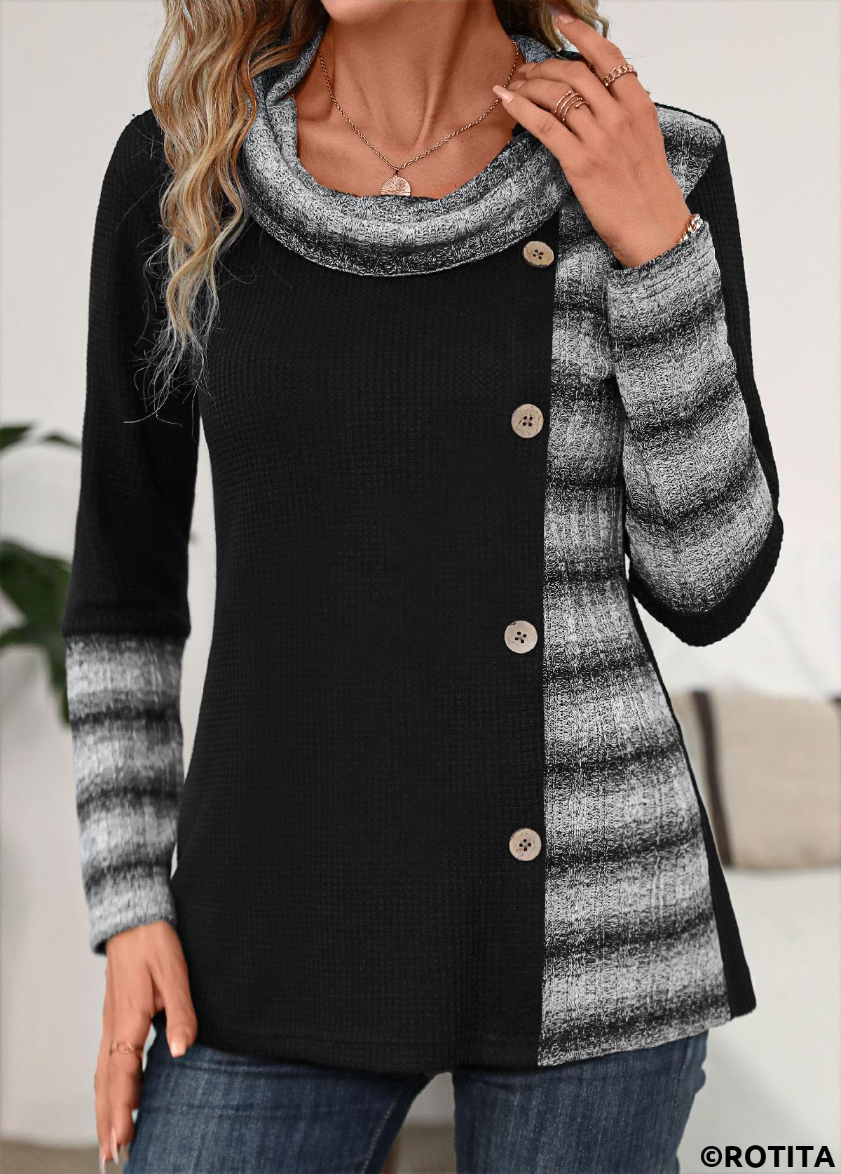 Rotita Patchwork-Sweatshirt mit schwarzen Streifen und Wasserfallausschnitt und langen Ärmeln