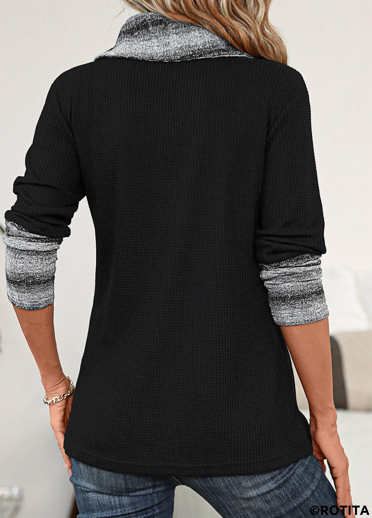 Rotita Patchwork-Sweatshirt mit schwarzen Streifen und Wasserfallausschnitt und langen Ärmeln