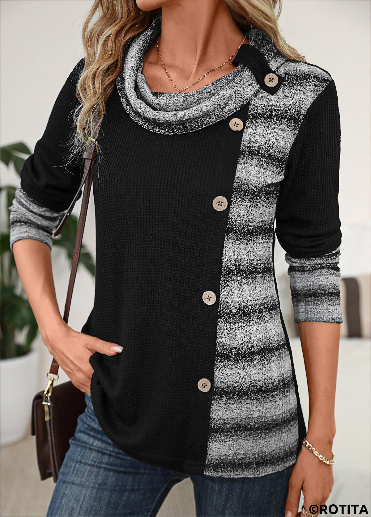 Rotita Patchwork-Sweatshirt mit schwarzen Streifen und Wasserfallausschnitt und langen Ärmeln