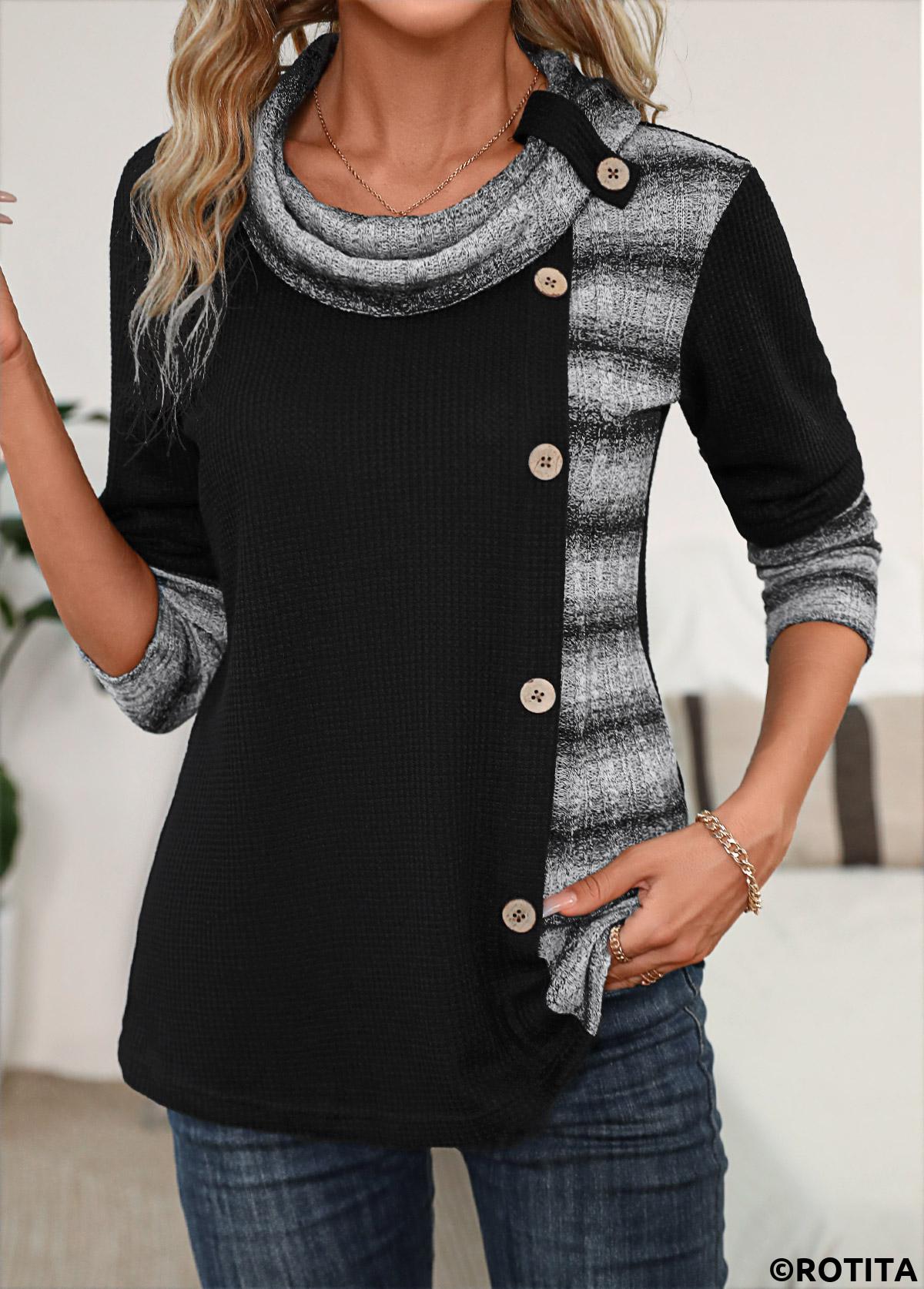 Rotita Patchwork-Sweatshirt mit schwarzen Streifen und Wasserfallausschnitt und langen Ärmeln