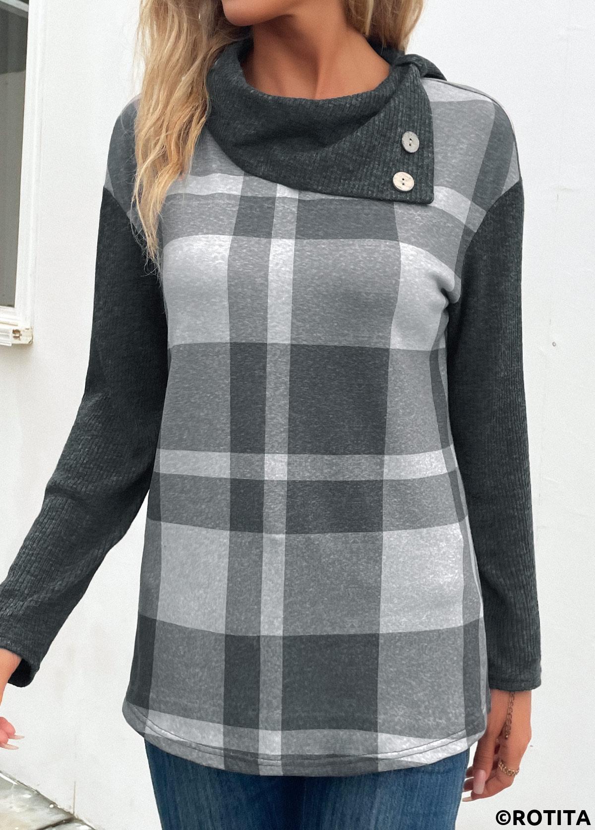 Dark Grey Marl tops,Plaid tops,Striped tops,ROTITA Patchwork Plaid Dark Grey Marl Asymmetrical Neck Sweatshirt
