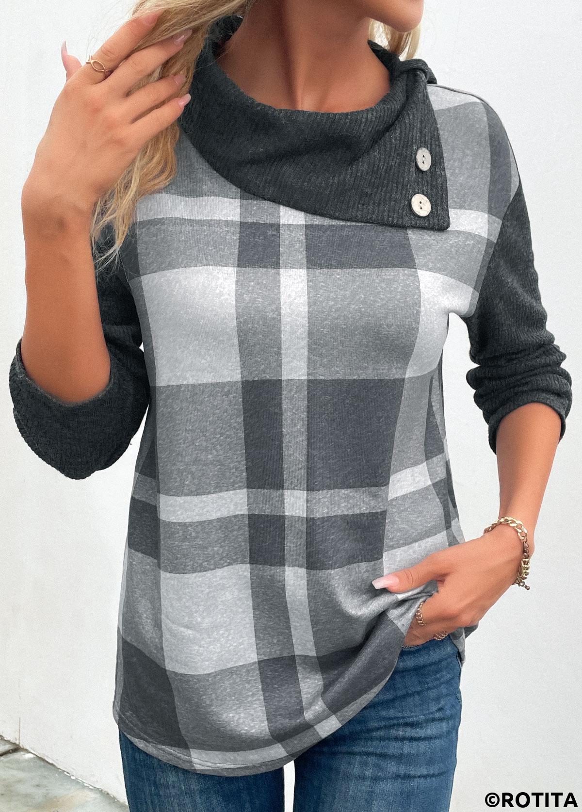 Dark Grey Marl tops,Plaid tops,Striped tops,ROTITA Patchwork Plaid Dark Grey Marl Asymmetrical Neck Sweatshirt