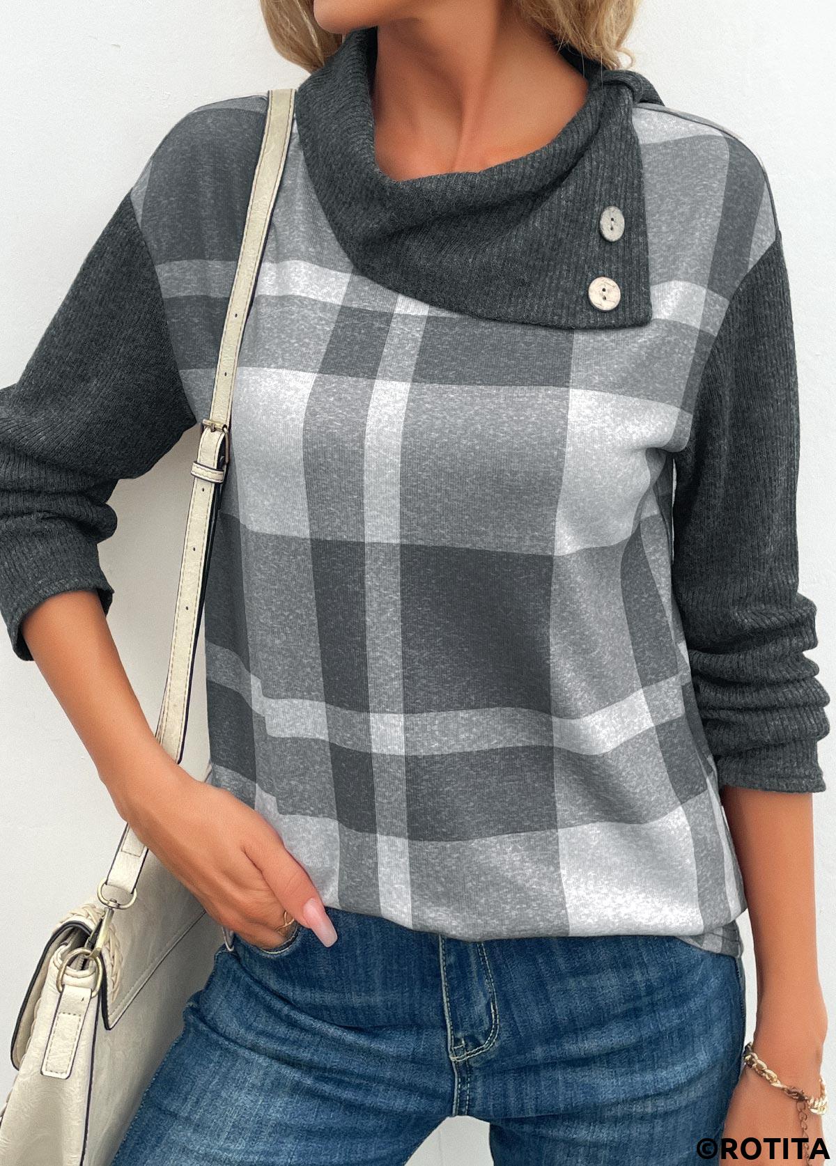 Dark Grey Marl tops,Plaid tops,Striped tops,ROTITA Patchwork Plaid Dark Grey Marl Asymmetrical Neck Sweatshirt