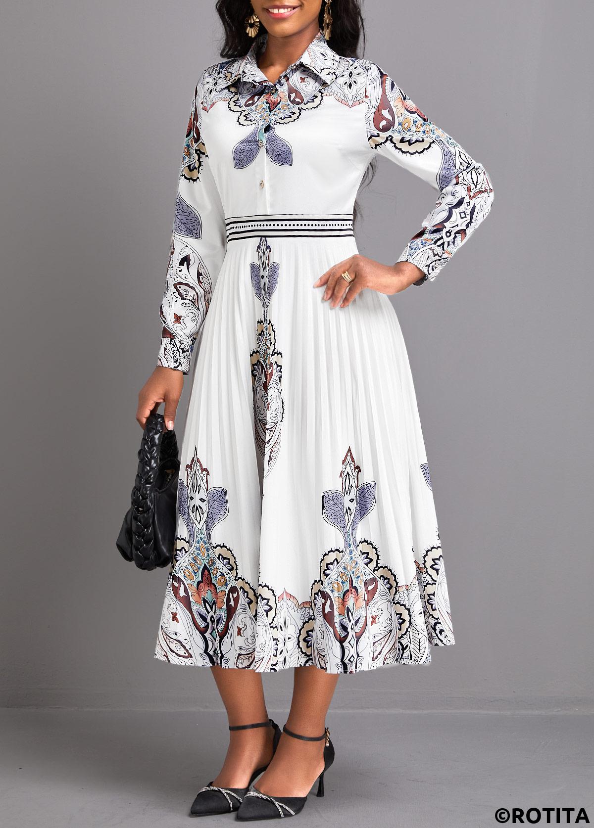White dresses,Tribal dresses,Party dresses,Elegant dresses,ROTITA Pleated Tribal Print White Shirt Collar Dress
