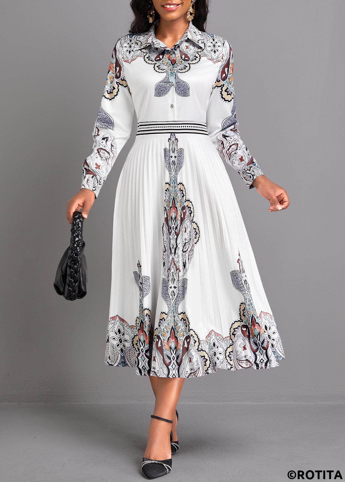 White dresses,Tribal dresses,Party dresses,Elegant dresses,ROTITA Pleated Tribal Print White Shirt Collar Dress