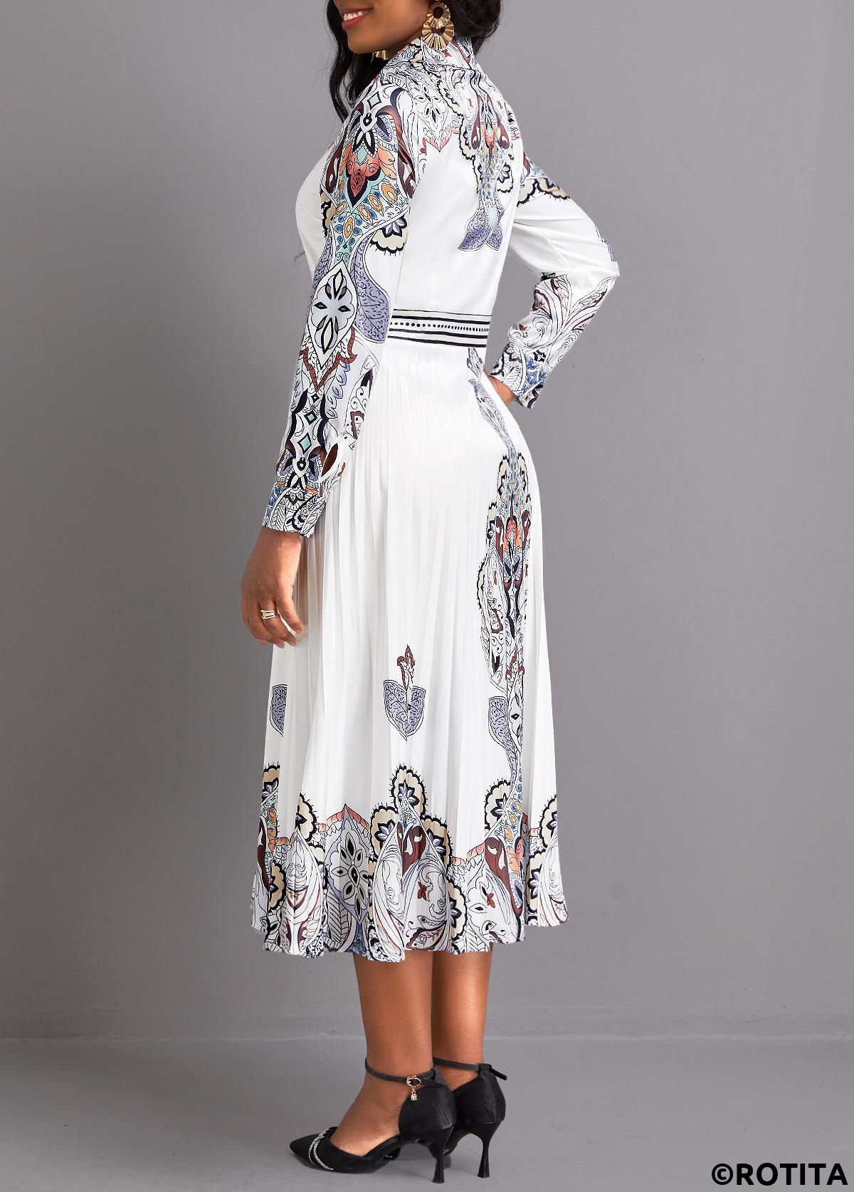 White dresses,Tribal dresses,Party dresses,Elegant dresses,ROTITA Pleated Tribal Print White Shirt Collar Dress