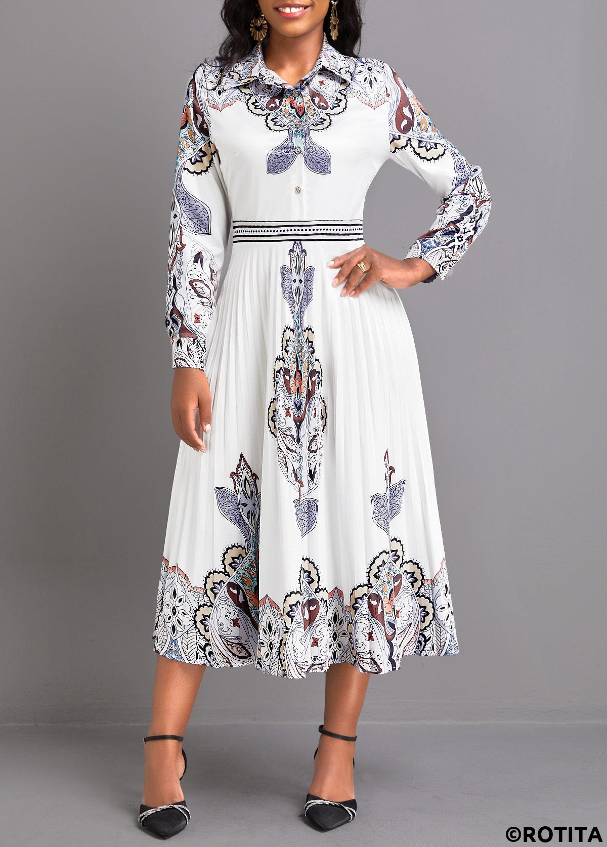 White dresses,Tribal dresses,Party dresses,Elegant dresses,ROTITA Pleated Tribal Print White Shirt Collar Dress