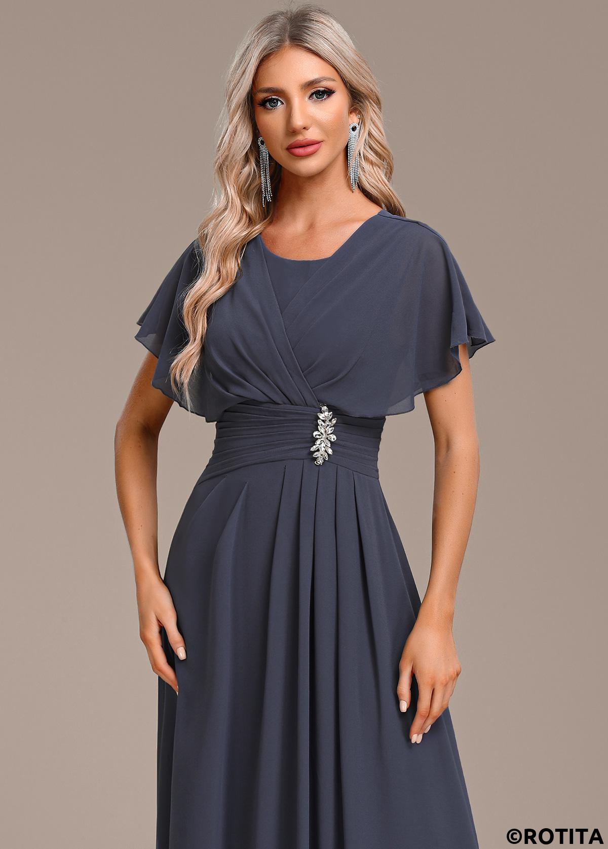 Marineblaues kurzärmliges Maxikleid mit Rotita-Reißverschluss und Rundhalsausschnitt