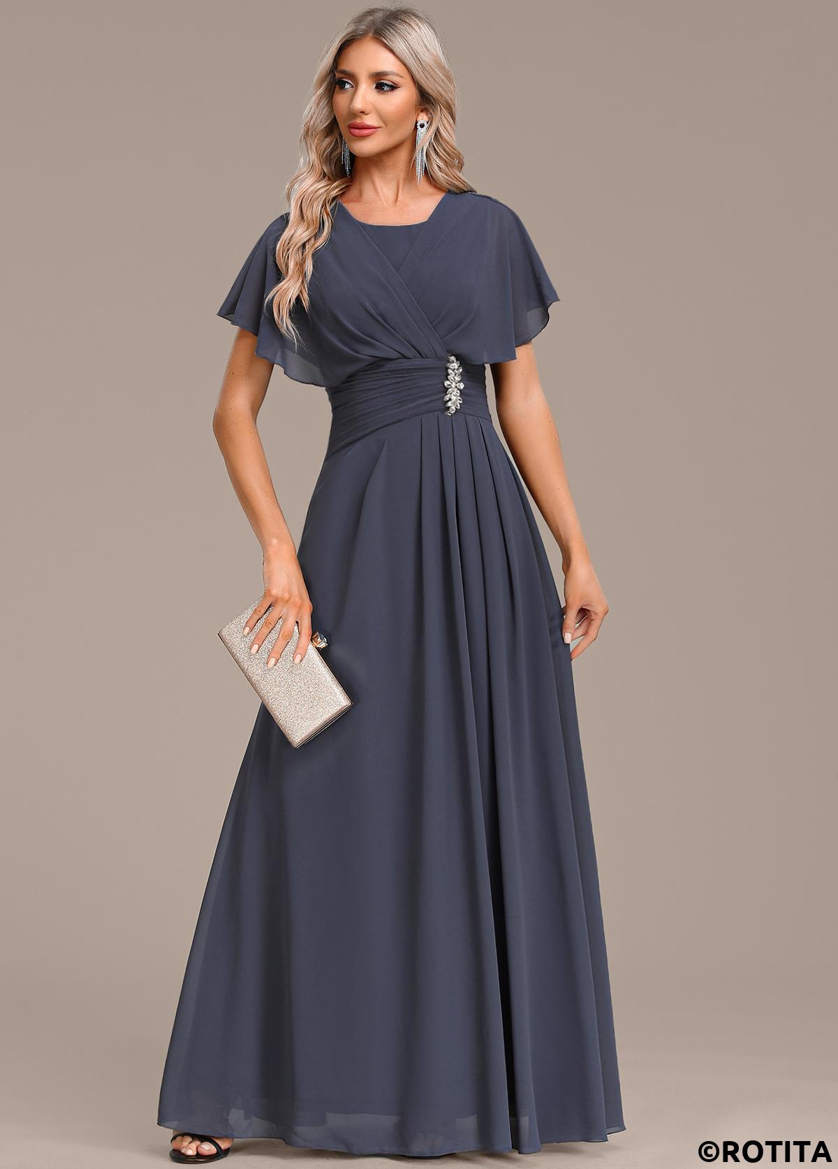 Marineblaues kurzärmliges Maxikleid mit Rotita-Reißverschluss und Rundhalsausschnitt