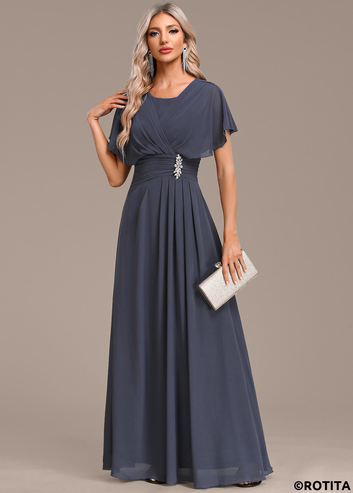 Navy dresses,Plain Color dresses,Party dresses,Elegant dresses,ROTITA Zipper Navy Round Neck Short Sleeve Maxi Dress