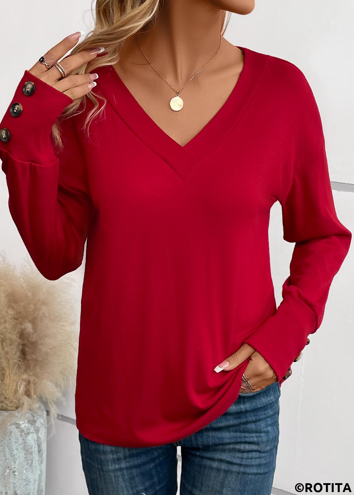 Wine Red tops,Plain Color tops,Button Wine Red V Neck Long Sleeve T Shirt