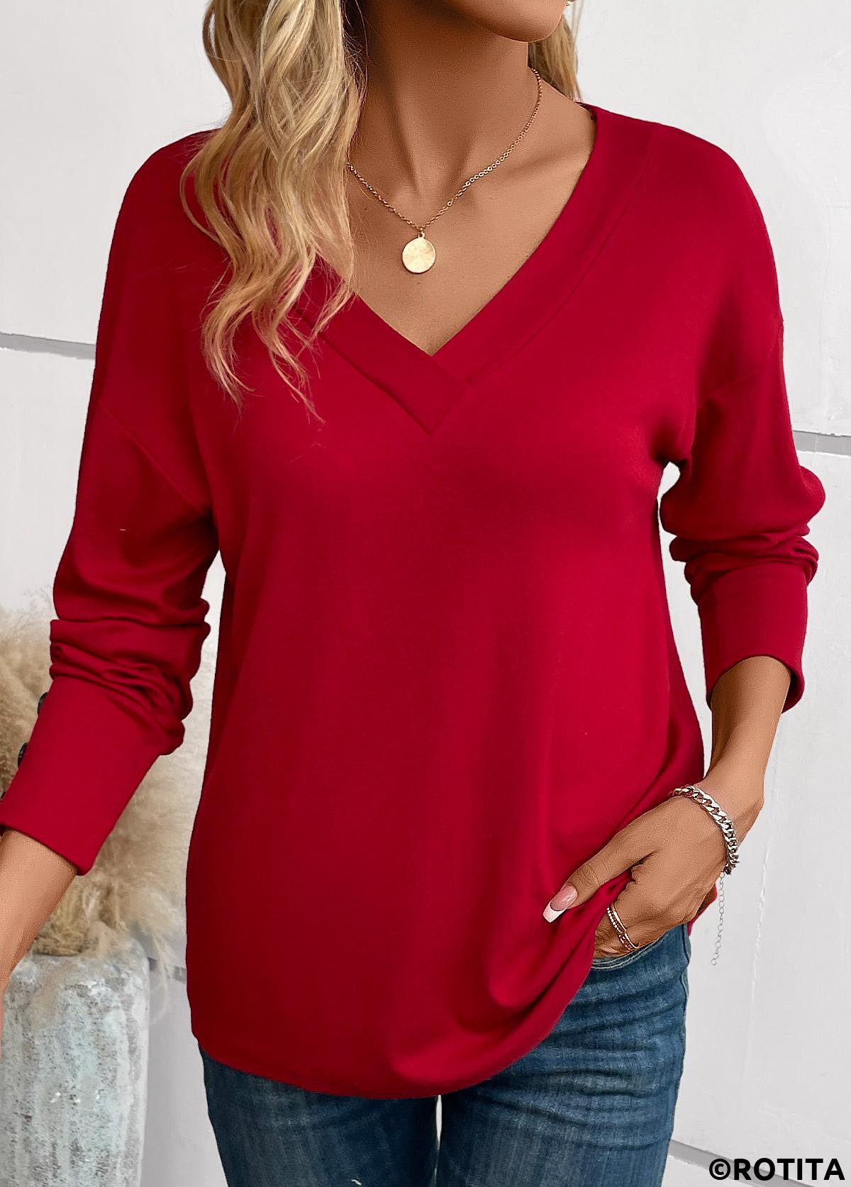 Wine Red tops,Plain Color tops,Button Wine Red V Neck Long Sleeve T Shirt