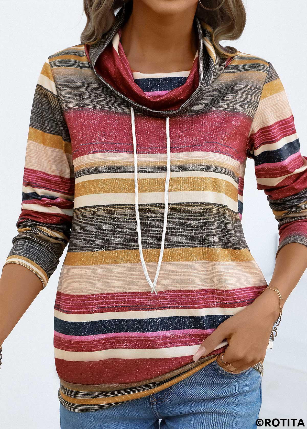 Coral tops,Striped tops,Geometric tops,ROTITA Drawstring Multi Stripe Print Coral Cowl Neck T Shirt