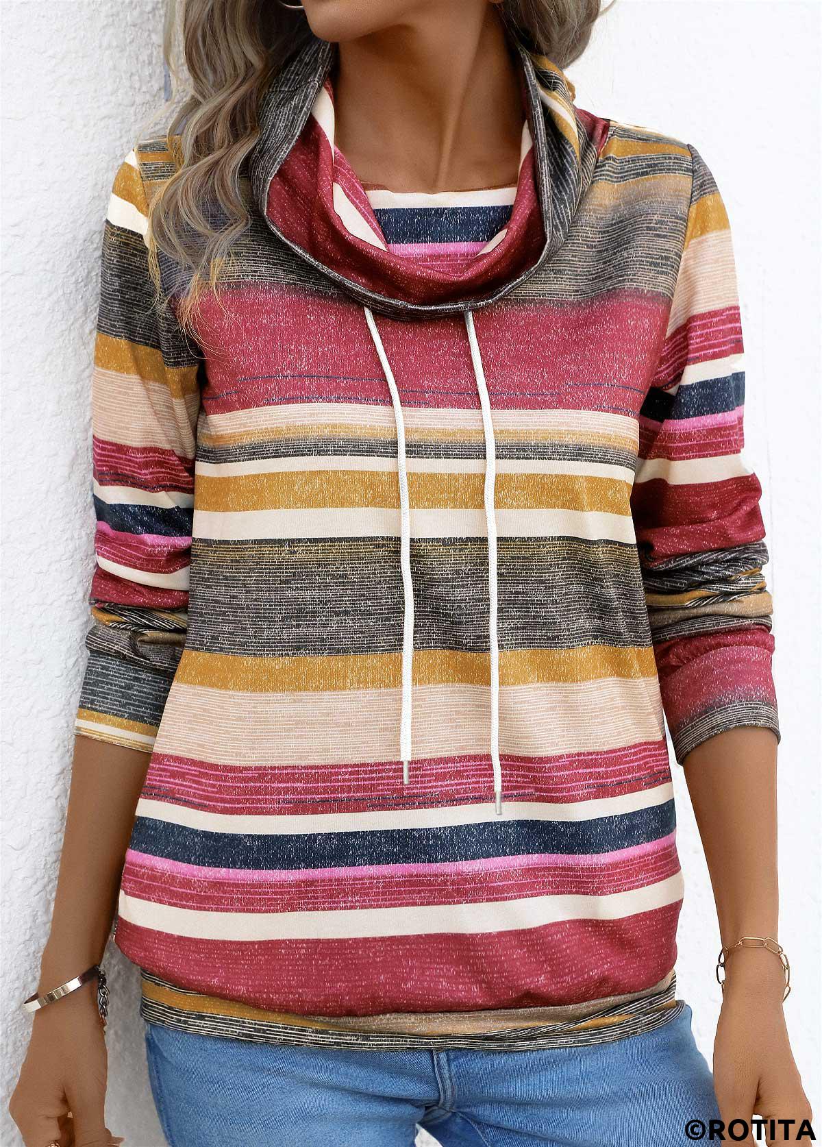 Coral tops,Striped tops,Geometric tops,ROTITA Drawstring Multi Stripe Print Coral Cowl Neck T Shirt