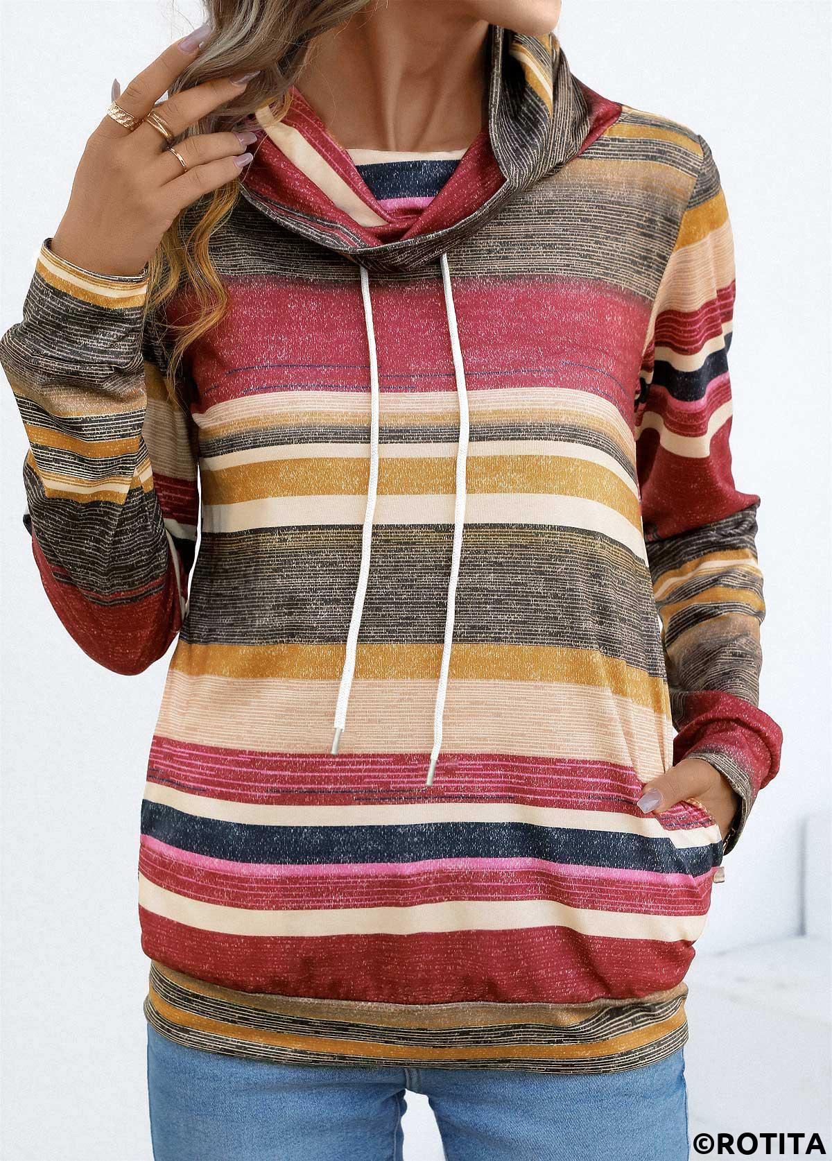 Coral tops,Striped tops,Geometric tops,ROTITA Drawstring Multi Stripe Print Coral Cowl Neck T Shirt