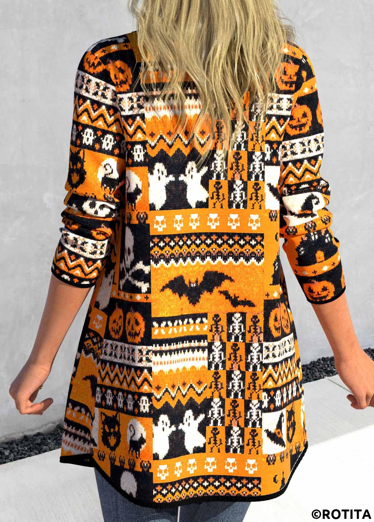 Orange tops,Halloween tops,Striped tops,Geometric tops,Animal Print tops,ROTITA Halloween Print Orange Long Sleeve Cardigan
