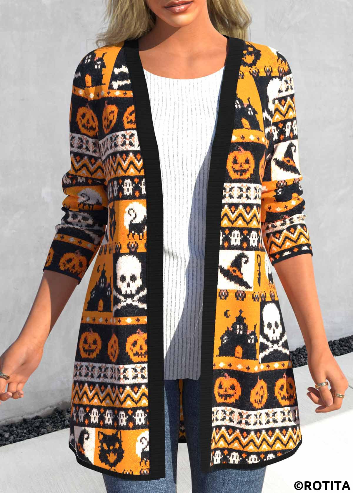 Orange tops,Halloween tops,Striped tops,Geometric tops,Animal Print tops,ROTITA Halloween Print Orange Long Sleeve Cardigan