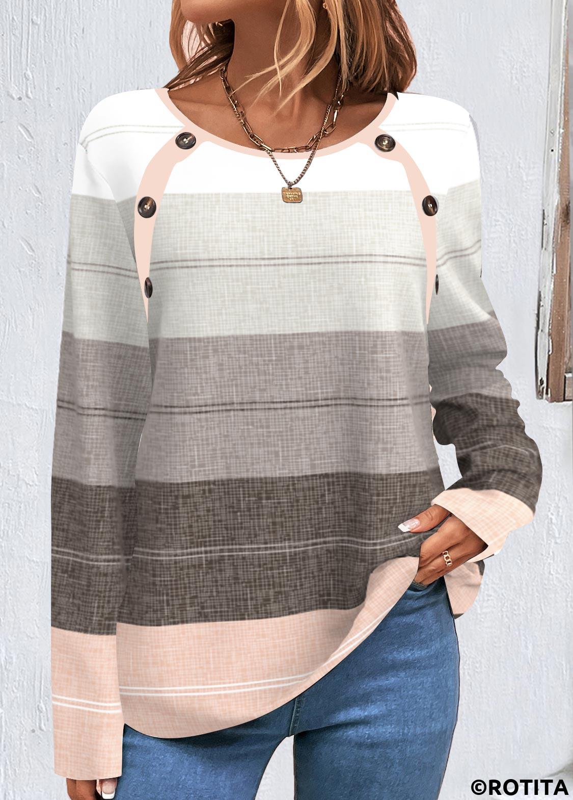 Multi Color tops,Striped tops,Geometric tops,ROTITA Button Multi Color Round Neck T Shirt