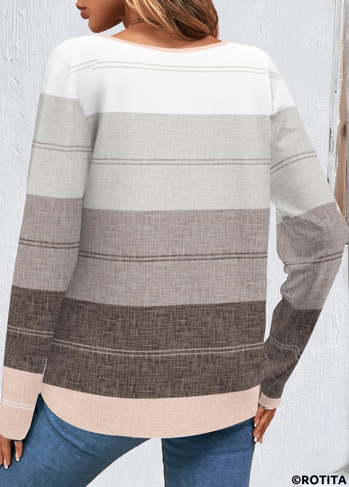 Multi Color tops,Striped tops,Geometric tops,ROTITA Button Multi Color Round Neck T Shirt