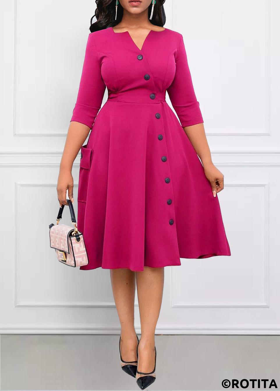 Hot Pink dresses,Plain Color dresses,Party dresses,Elegant dresses,ROTITA Breathable Hot Pink Split Neck Dress