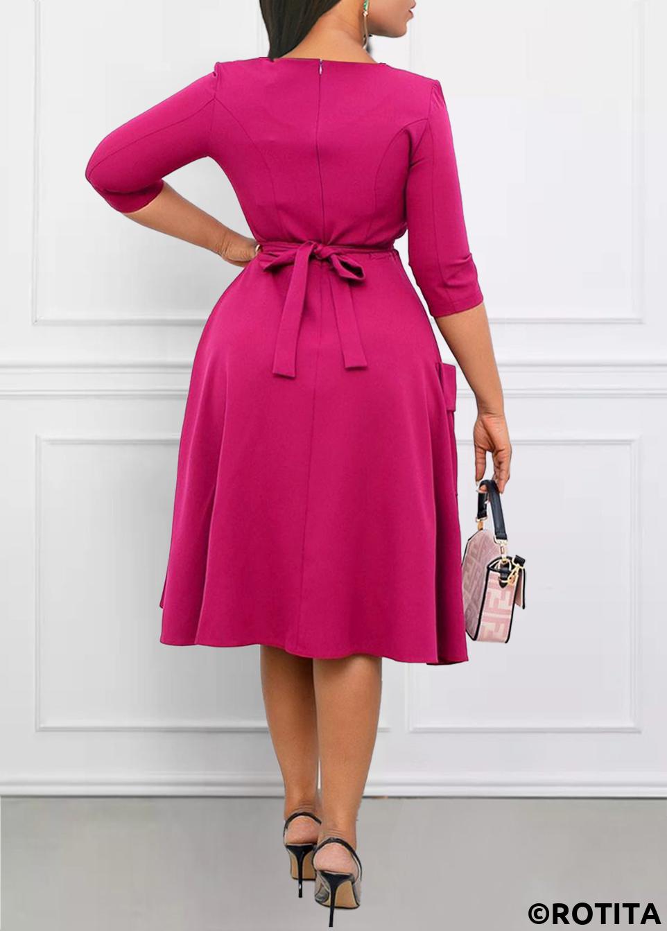 Hot Pink dresses,Plain Color dresses,Party dresses,Elegant dresses,ROTITA Breathable Hot Pink Split Neck Dress