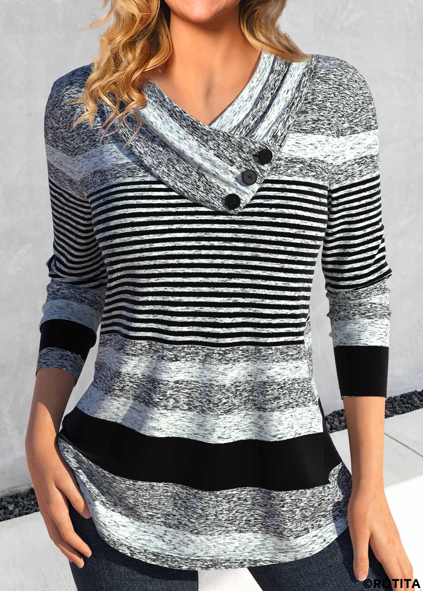 Grey tops,Striped tops,Geometric tops,ROTITA Asymmetry Striped Grey Asymmetrical Neck T Shirt