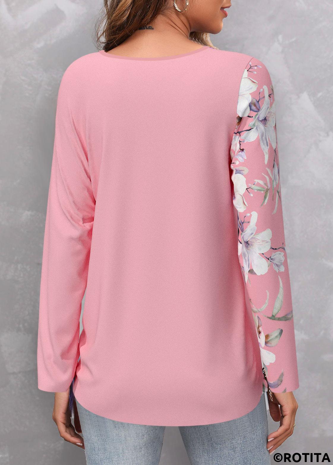 Pink tops,Floral tops,Plants tops,ROTITA Circular Ring Floral Print Pink T Shirt