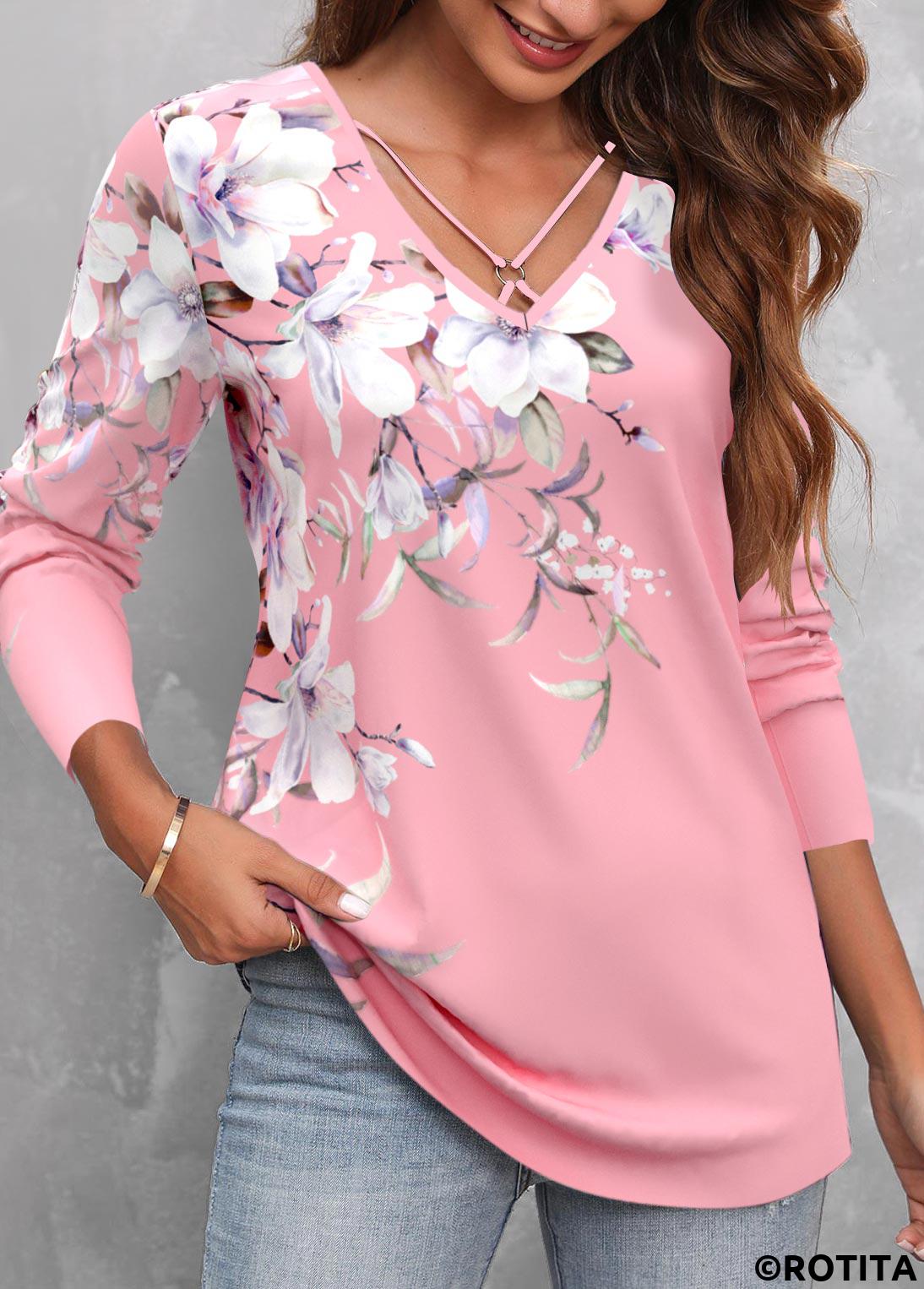 Pink tops,Floral tops,Plants tops,ROTITA Circular Ring Floral Print Pink T Shirt