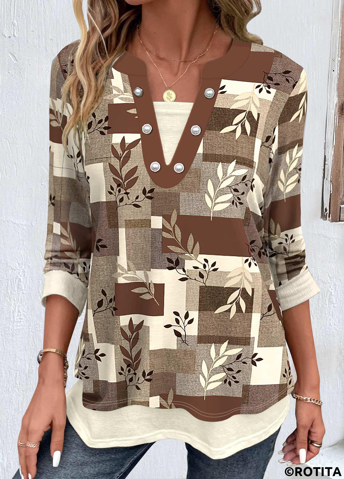Dark Camel tops,Plants tops,Geometric tops,Striped tops,ROTITA Fake 2in1 Random Floral Print Dark Camel Blouse
