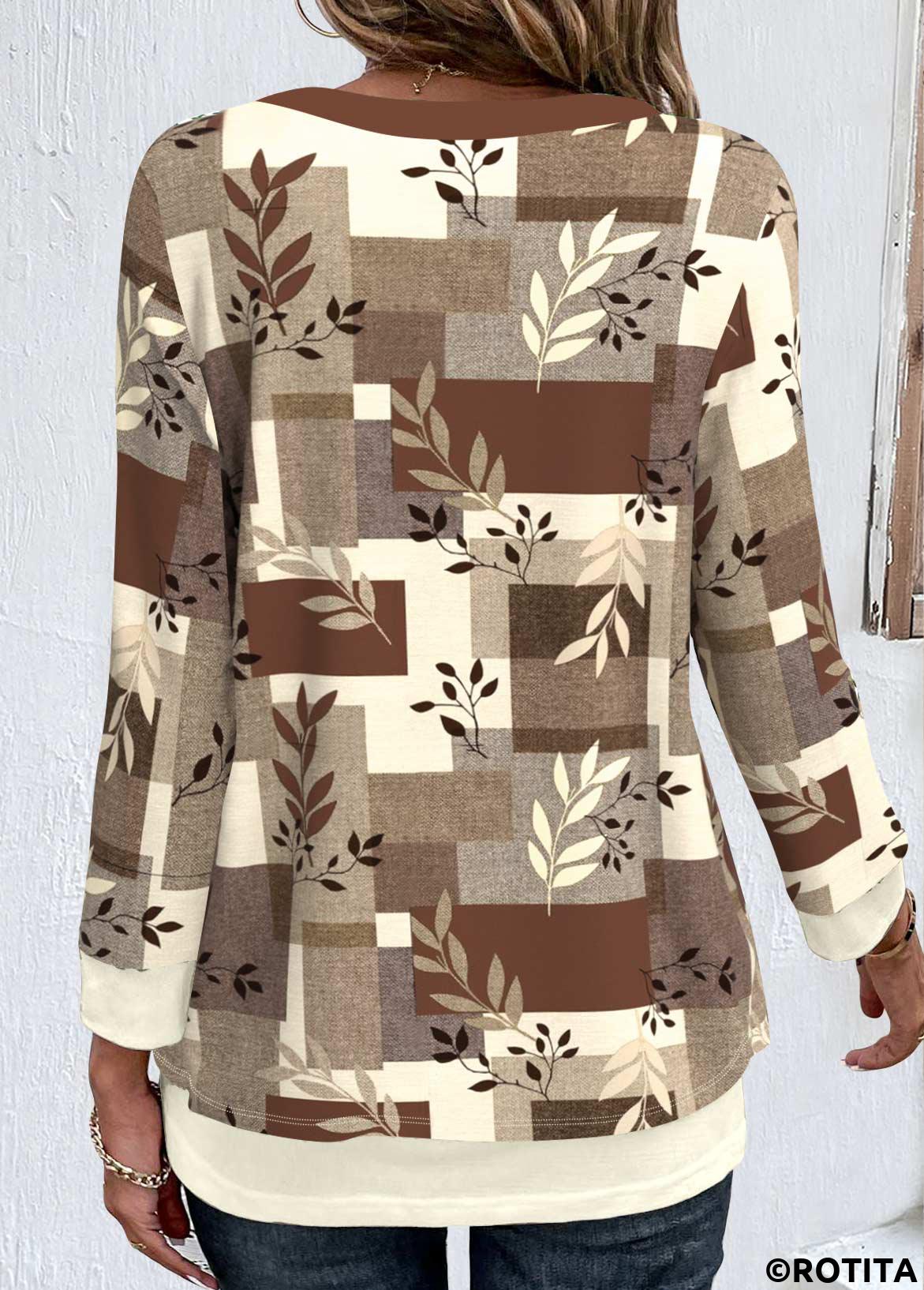 Dark Camel tops,Plants tops,Geometric tops,Striped tops,ROTITA Fake 2in1 Random Floral Print Dark Camel Blouse