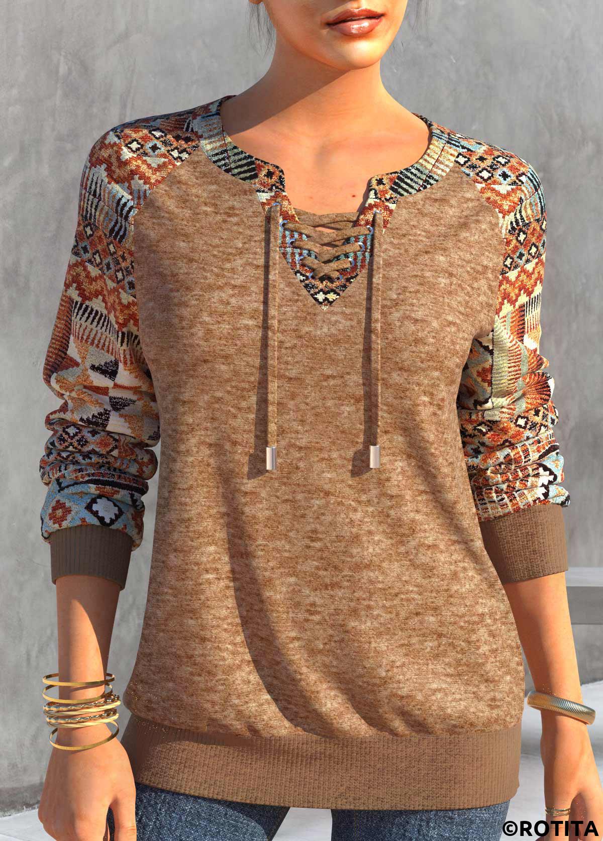 Dark Camel tops,Tribal tops,Geometric tops,Striped tops,ROTITA Lace Up Tribal Print Dark Camel T Shirt