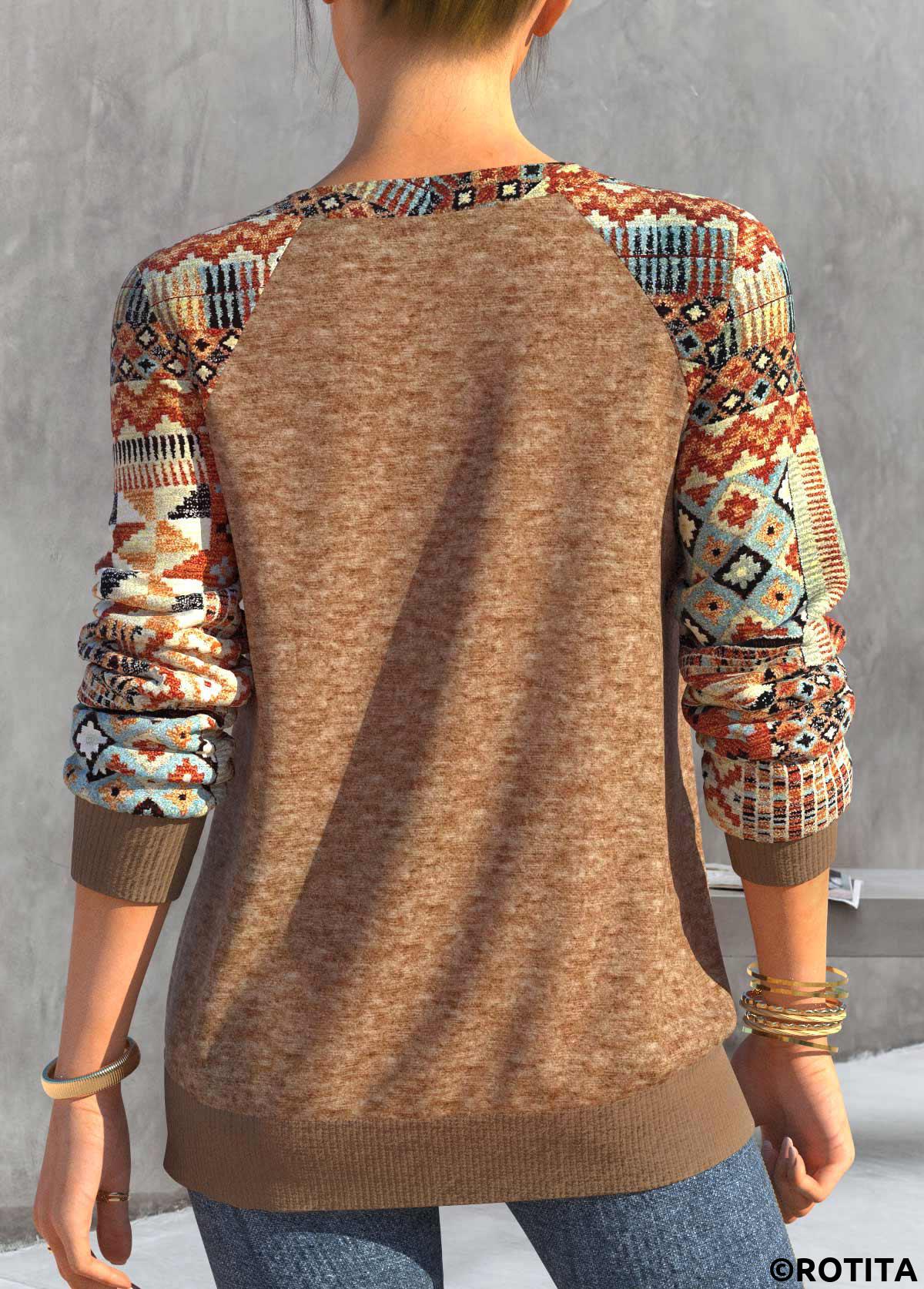 Dark Camel tops,Tribal tops,Geometric tops,Striped tops,ROTITA Lace Up Tribal Print Dark Camel T Shirt
