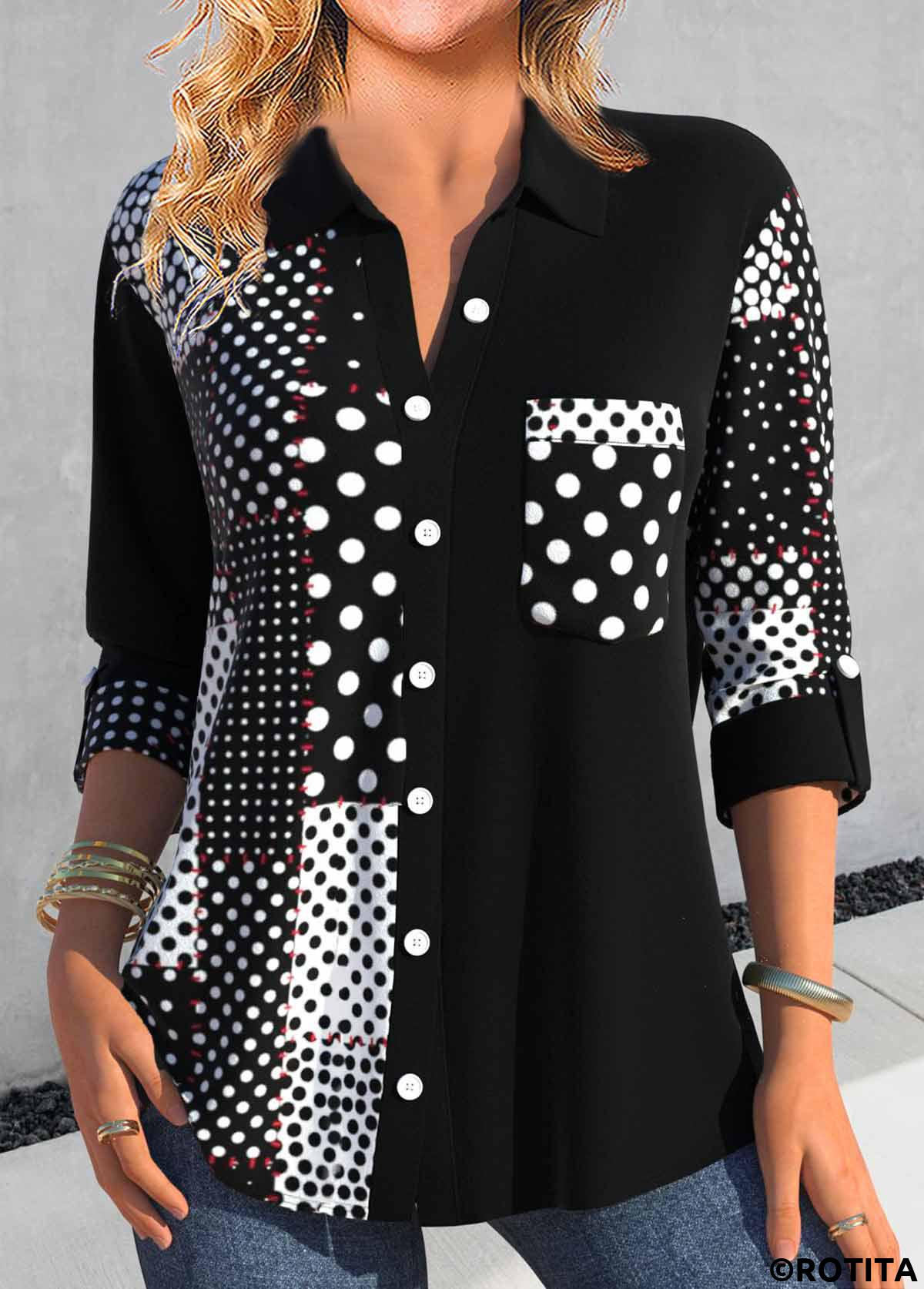 Black tops,Dot tops,Geometric tops,ROTITA Asymmetry Polka Dot Black Shirt Collar Blouse