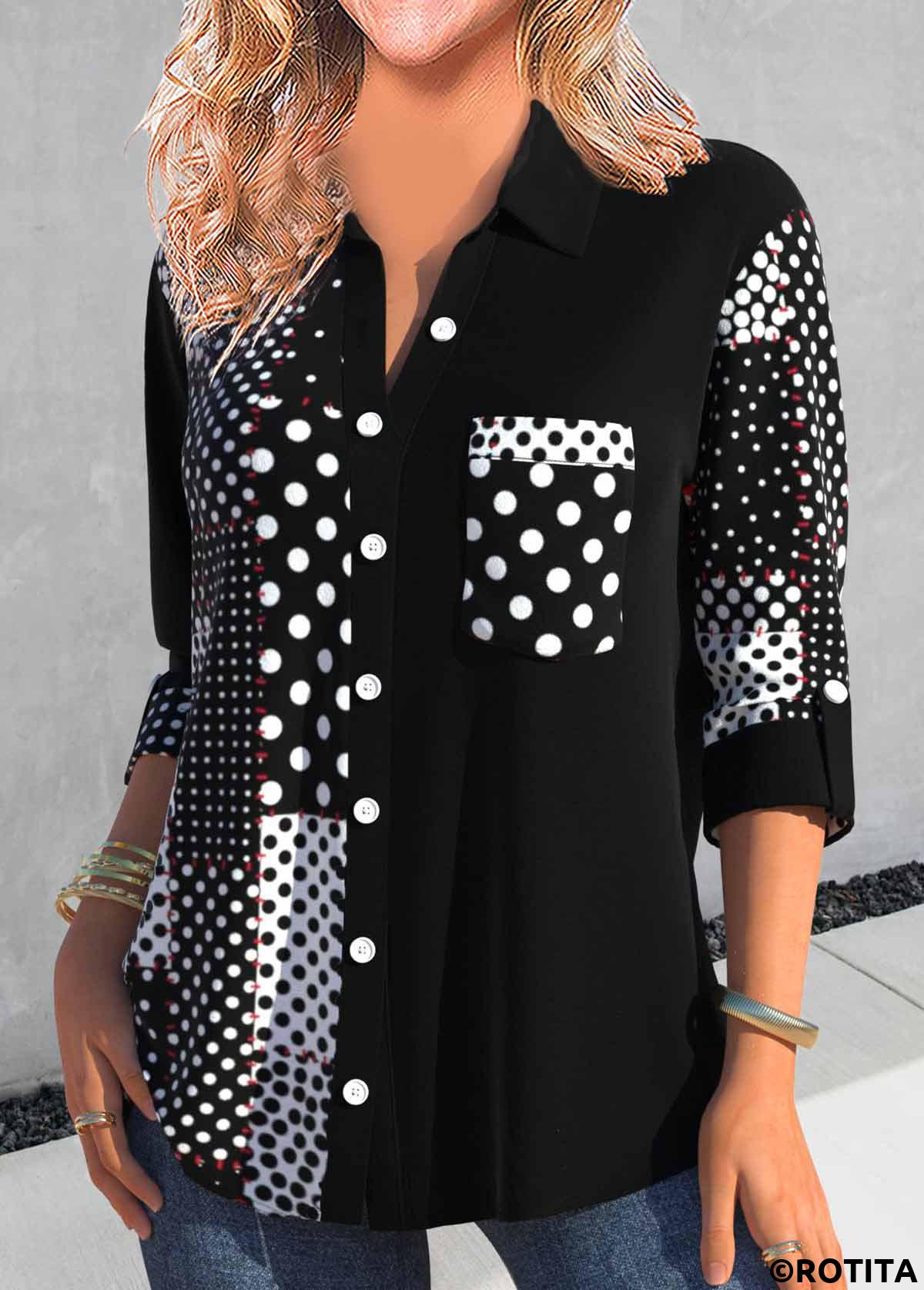 Black tops,Dot tops,Geometric tops,ROTITA Asymmetry Polka Dot Black Shirt Collar Blouse