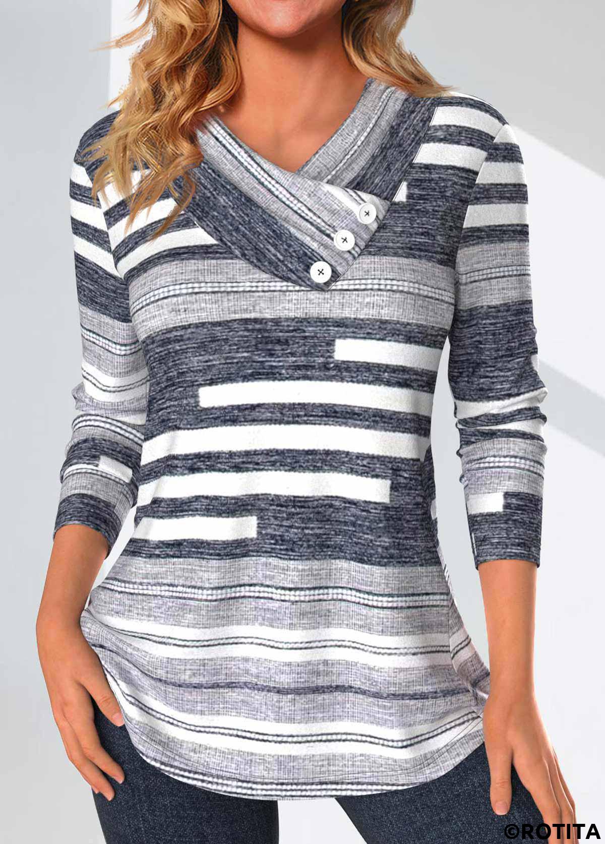 Dark Grey Marl tops,Striped tops,Geometric tops,ROTITA Button Striped Dark Grey Marl V Neck T Shirt