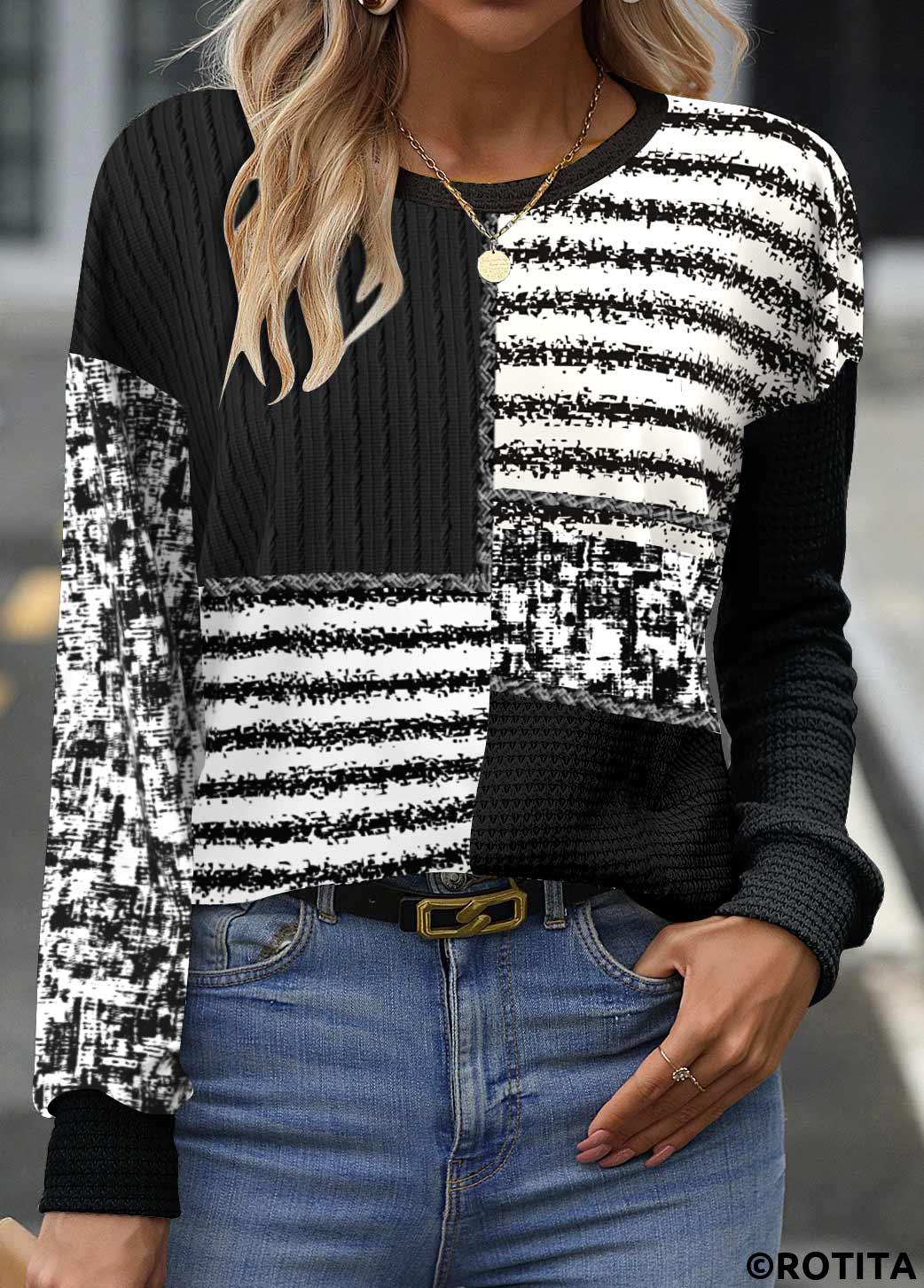 Rotita Patchwork-Sweatshirt mit langen Ärmeln und Rundhalsausschnitt in Schwarz