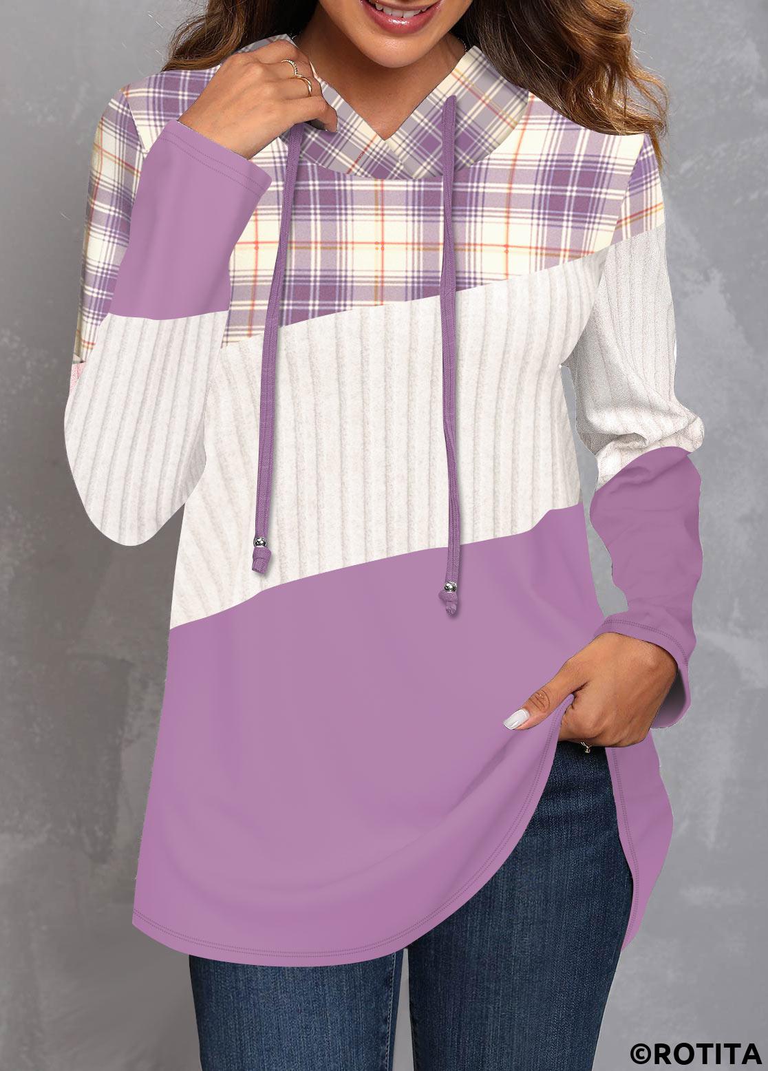 Purple tops,Plaid tops,Striped tops,ROTITA Patchwork Plaid Purple Long Sleeve Hoodie