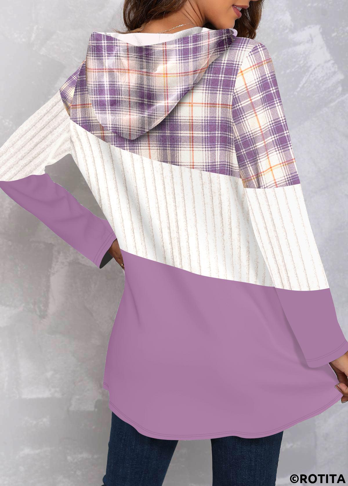 Purple tops,Plaid tops,Striped tops,ROTITA Patchwork Plaid Purple Long Sleeve Hoodie
