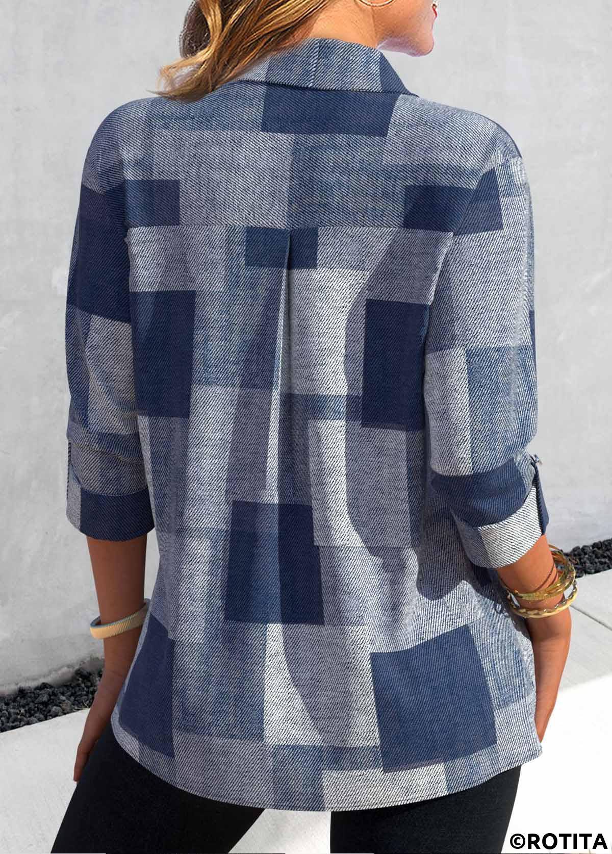 Denim Blue tops,Denim-Effect Print tops,Striped tops,Plaid tops,ROTITA Button Denim-effect Print Denim Blue Shirt Collar Blouse