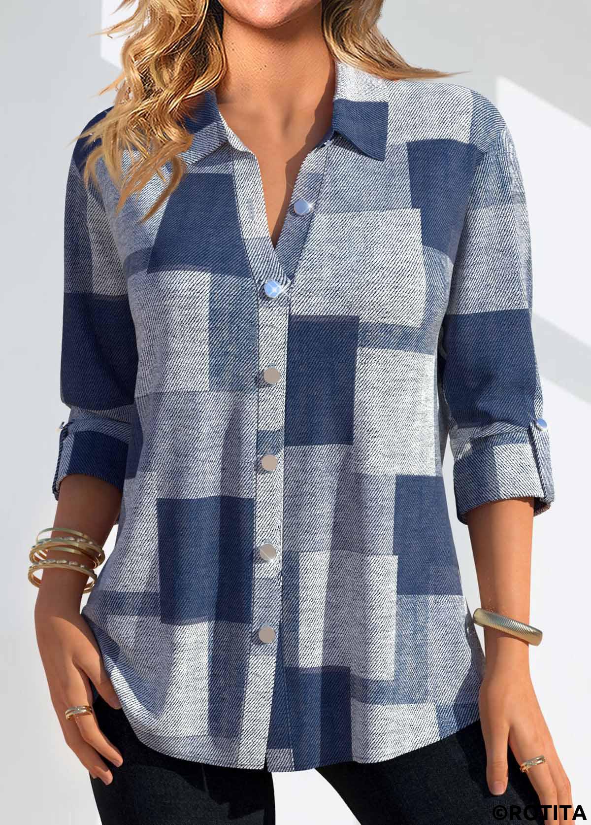 Denim Blue tops,Denim-Effect Print tops,Striped tops,Plaid tops,ROTITA Button Denim-effect Print Denim Blue Shirt Collar Blouse